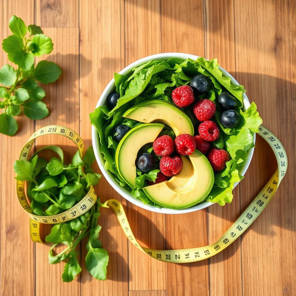 Fresh healthy salad and measuring tape representing weight management