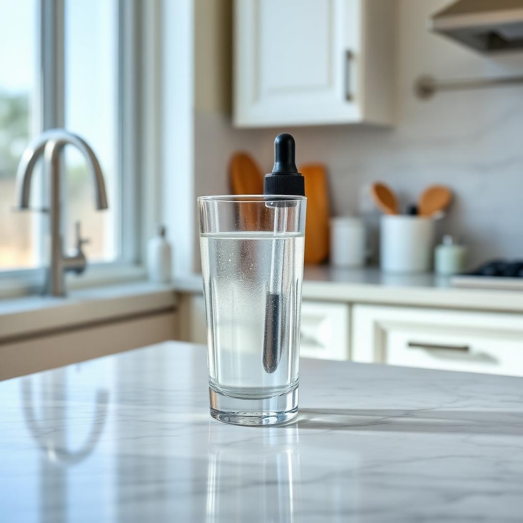 Glass of water with dropper on a bright kitchen counter